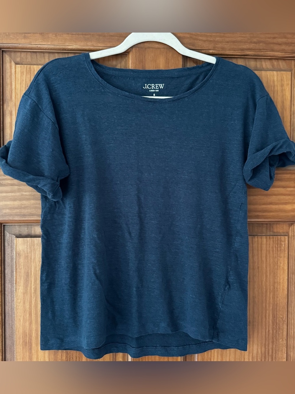 J Crew Linen Tee Women Small Navy Blue Short Sleeve Slub Knit Top Coastal